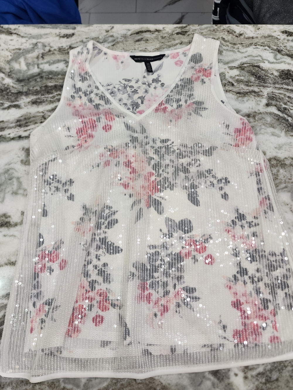 White Floral Sequin V-Neck Tank